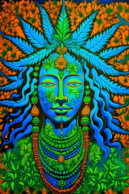 Blue marijuana bud Shiva religious mural with green and orange background made of pieces of marijuana bud with sparkly thc sap and crystalline bud hairs.