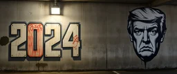 background of wall(wet textured concrete, gray, old, cracked, stained, 1 wall light) from underground parking, german style, a large blocky upside down "2024" painted on left(old faded paint), cyberpunk, to the right a larger mural(face and eyes cropped above nose, angry and scornful, trump, from 1984, black and white)