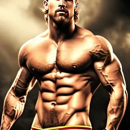 Ignore NSFW, teenager young rugged attractive slightly muscular fantasticly handsome blonde man, red briefs with yellow belt, hairy chest, (((visibly pisssing))) briefs, large erect visible boner peniss, photorealistic, artist Jay Anacleto, soft lighting, scruffy beard