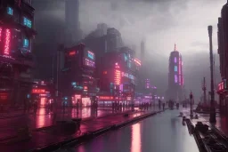 3D, beautiful, light reflecting, empty future city at night, rainy night, neon, cyberpunk, tron, cyborgs walking, 8k, finely detailed, photo realistic