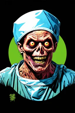 Science experiment Horror zombie surgeon by Richard Corben, Todd Schorr, T-Shirt Design, Black Background