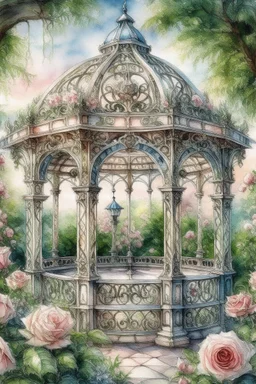 watercolor with drawing, Elegant filigree English gazebo entwined with gorgeous roses, beautiful landscape,magnificent peonies, large flowers pixel graphics, many details, subtle sensuality, realism, high quality, artwork, hyperdetalization, professionally, filigree, smoky haze, hyperrealism, transparency, delicate pastel tones, backlight, contrast, fantastic fabulous, unreal, translucent, luminous, clear lines.