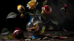 A still life of a wilted rose, its petals drooping and its colors fading. The vase it sits in is cracked and chipped, symbolizing the fragility of beauty and the inevitability of decay.