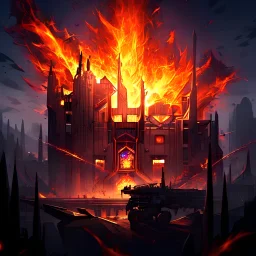  house on fire, Epic scale, cyberpunk, black mecanic castle, cristal, highly detailed,