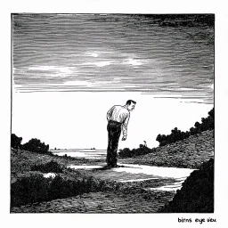 a alone man. pen and ink, birds eye view, illustrated by hergé, Background space and earth