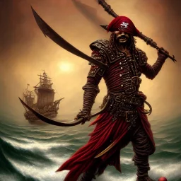 a pirate warrior in dark red full armor, on his ship, holding a football, a highly detailed illustration, background of giant crashing ocean waves, realistic render, 8 k, micro detail, intricate, elegant, centered, digital painting, Artstation, smooth, sharp focus, illustration, artgerm, tomasz alen kopera, peter mohrbacher, donato giancola, joseph christian leyendecker, wlop, boris vallejo