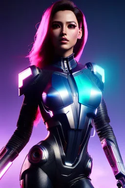 Futuristic cyborg, portrait from waist up, vibrant hair color, intricate eyeliner, vibrant eyeshadow, clear completion, soft lighting, 4k resolution, intricate details, insanely detailed, colorful cityscape background, masterpiece, expert, cinematic smooth, retroanime style, realistic details, no helmet