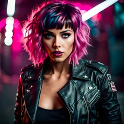 Mysterious intense attractive young Latina female survivor in a leather jacket, post-apocalyptic background, bangs hairstyle, pink hair