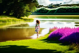 shot from front ,green field and wild flower field ,beautiful girl in pretty dress curly hair walking in water toward camera in trees next to wavy river with clear water and nice sands in floor.camera capture from her full body front, spring blosom walking to camera ,wild flowers moving in the wind ,blue sky,moving pretty clouds ,joy full facet.