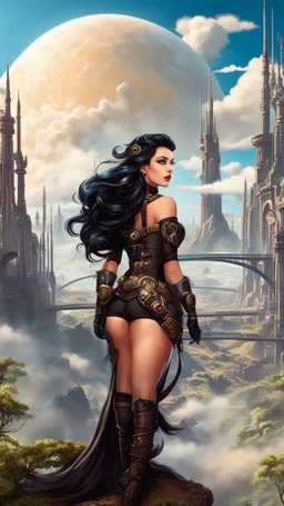 exotic sci-fi steampunk pin-up girl, with long dark hair, on an sci-fi planet with cloud trees, tall spires, buildings, bridges, arches