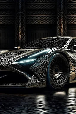 Arabic sport car design orned with Islamic patterns, highly detailed,arabesques, Arabic ornaments, fantastical,hyper realistic, Arabic Patterns , Arabic calligraphy, full image, bar light, face view