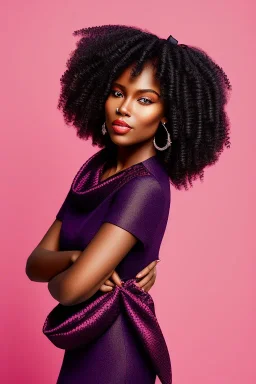 A portrait of a beautiful black woman, with long black curly hair, purple eyes, wearing a red scarf, black dress, standing in field