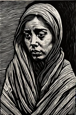 create an abstract, deeply powerful tragic, heart wrenching, and evocative, full body woodcut of an anguished young refugee woman with highly detailed and deeply cut facial features, lost in a horrific post apocalyptic Gaza, in the style of KATHE KOLLWITZ and PAUL GAUGUIN, searing lines and forceful strokes