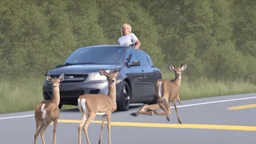 upset lady points gun at sleeping deer on the highway