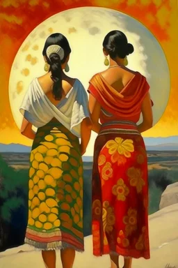 2 mexican woman painting neoclassism standing from the back whole body zoom out looking at the sun