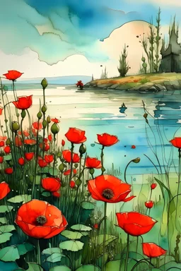Spring day by the lake,poppies. Jean-Baptiste Monge style, watercolor, ink. Picturesque and colorful. Bright colors of a bullring