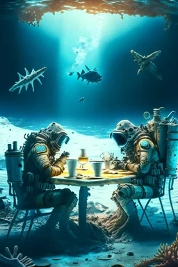 2 divers in full gear sitting at a round table having tea, the table is on the bottom of the dried out ocean, no water, around them are shattered dead fish, dead starfish, ship reck, 8 k realistic