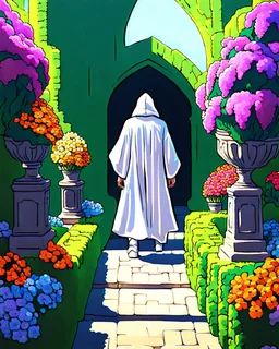 Castle hedge maze with multicolored flowers and hooded figure in white robes rpg art painterly