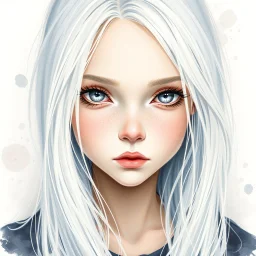 A young woman with long white hair, silver eyes, long eyelashes, very pale complexion, very shy, watercolor splotchy background