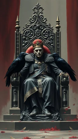 The king is dead while sitting on the throne and 2 black crows are sitting on each side of the throne