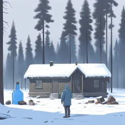 a sad depressed Finnish man with his empty plate, outside his house in the forest, Winter, snow, very cold, Finnish flag at half way up, Finnish flag, a bottle of Vodka in his hand, knifes and sauna, Simon Stålenhag style, lying empty vodka bottles on ground, graveyard with crosses