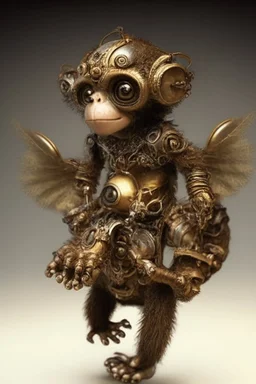 small cute steampunk mechanical monkey, made of metal with mechanical wings, cute hands and feet