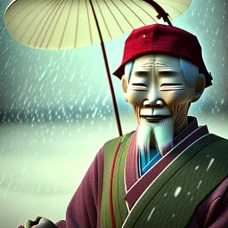 A man in old Japanese clothes is standing in nature while it is raining. It is winter. The man does not have an umbrella and a hat , high quality , high details , dream style , magic style ,