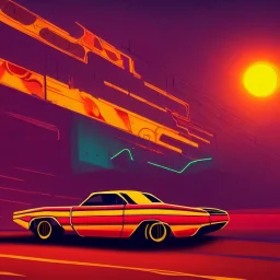 art deco, cyberpunk, neon muscle car, desert road, sunset, full colour, hd,