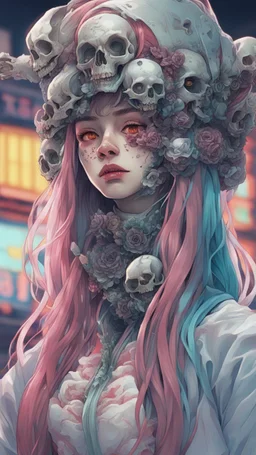 a close up of a person with a skull on their head, anime skull portrait woman, scary detailed art in color, hiroyuki-mitsume takahashi, nychos art aesthetic, half woman half skeleton, anime cyberpunk art, colored manga art, rossdraws pastel vibrant, cold colors. insanely detailed, beautiful anime portrait, stunning anime face portrait, scary art in color