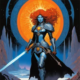 Heavy metal 1970s pulp illustration, psychedelic art by Philippe Druillet and Moebius. A fierce, glowing Iron Maiden warrior queen with molten-copper hair and intricate carved metal armor walks confidently through a mind-bending, infinite obsidian and crystal maze. She holds a giant glowing rune-engraved broadsword. She is not lost, her face is calm and commanding. Swirling bioluminescent fog in electric blue, neon purple, and acid yellow. Cosmic fractal vortex sky with exploding nebulas. Dynami