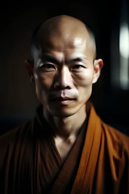 A detailed photograph of a Chinese monk looking at the camera standing straight, hands relaxed waist up, shot action film ,cinematic lutshalf body of a 30 year old wise monk looking straight to the camera