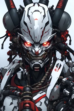 Samurai cyborg com armadura preta e vermelha e máscara hannya na face, corpo inteiro, um braço humano e um braço robótico portando katanas e metralhadoras, pernas mecânicas
