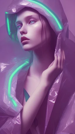 painting by koson ohara and marta bevacqua, portrait of a beautiful goth woman with long black hair, wearing a plastic raincoat, purple neon lighting, 8k, high quality, highly detailed