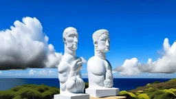 A white island in the sky designed in Hawaiian tiki statues painted by Pablo Picasso