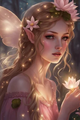 Blonde hair ,Pink dress,Sparkling fairy wings,Very long golden hair,Fairy crown,pointed ears,elven ears,fairy wings,water lilies,sparkling,glittering,flowers,blossoms,golden crown,light pink dress