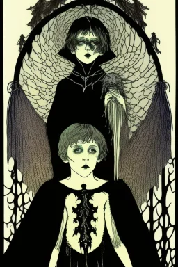 7 year old boy, necromancer, friendly, looks dead,with a long lamprey emerging from his belly , wearing black robes, in the style of Harry Clarke