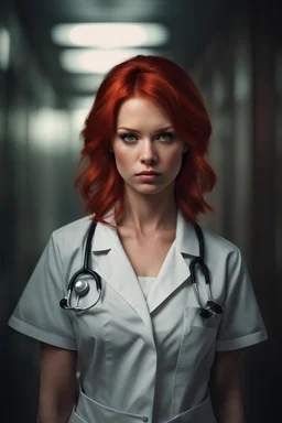 Portrait of a pretty young nurse with red hair, scowling expression, photorealistic