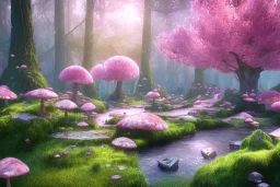 Paysage forêt maison dans les grands arbres avec champignons roses et une rivière bordée de grandes fleurs roses lumiere volumetrique unity engine