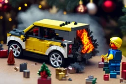 A crying toddler takes a burning car out of a LEGO box marked Land Rover next to the Christmas tree.