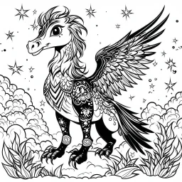 Make black and white cute drawing of a hippogriff with black bold lines. Only outline, no grayscale. A noble hippogriff with a horse’s body and eagle wings, perched on a rock with a proud pose. Make the feathers shimmer with magical patterns, and set it against a sky filled with shooting stars.