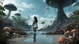 detailed matte painting of a wide-angle shot of a woman standing on the right-hand side of an alien beach, with dark hair in a silver robotic catsuit, many floating mushrooms with jellyfish tentacles, alien jungle trees in the distance, deep colour