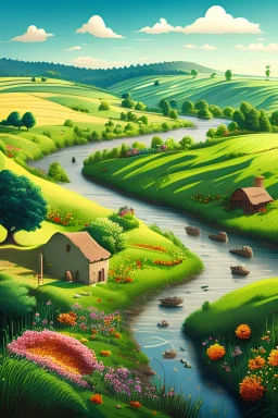 An idyllic countryside scene with rolling hills, blooming fields, and a meandering river