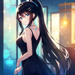 girl, masterpiece, best quality, cinematic lighting, detailed outfit, perfect eyes, long hair, black hair, vibrant blue eyes, blue and black dress, hairclip, ponytail, looking back, indoors, sparkle, smiling, necklace,