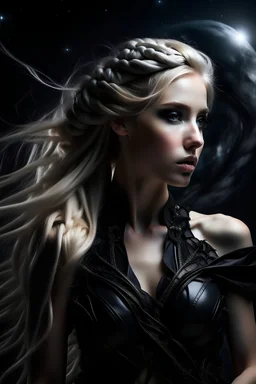 A beautiful dark angel in space creating a galaxy blonde braided hair wearing black corset and white eyes