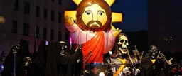 200 ft tall floating cartoonish jesus parade balloon pulled by multiple grim reapers, multi colored, bright, vivid, psychedelic, high detailed, high gloss, insanely detailed, matte, horrorcore and the grim reaper university drum and bugle corp