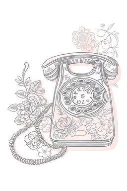 A delicate, floral-patterned phone with a curved receiver rests on a lace doily. A handwritten note with a heart drawn on it lies beside it. Style: Art Nouveau, Mood: Romantic, Lighting: Soft, diffused light with a warm pink hue, T-shirt design graphic, vector, contour, white background.