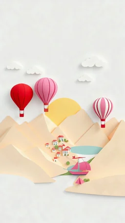 "Minimalist vector art of a vibrant paper-cut landscape: red, pink, and white hot air balloons over beige and cream mountains, pastel village and ship by a lake, pale yellow sun, fluffy stylized clouds. Simple geometric shapes, vivid detailed colors, ambient lighting, sharp edges, smooth surfaces, flat vector style on a clean white background, playful and cheerful mood."