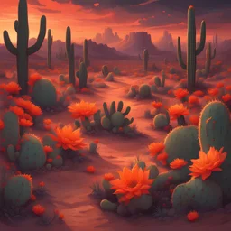vines that are covered in cactus vines and glowing orange-red flowers curled around those fallen in the desert, in glowing art style