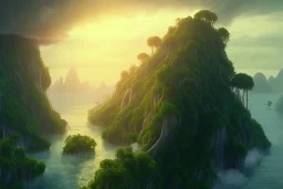 epic matte painting of misty tropical jungle island on stormy ocean, very lush, organic, vines, realistic shaded volumetric lighting, volumetric clouds, ecosystem, ancient, reflective water, intricate, fires, volumetric waves, smoke, randomly placed ground fog, spume, small minutiae, detailed roots, spindrift, tiny features, flowers, ripples, particulars, sharp lines, digital art, 8k, uhd, perspective ground level camera view, ambient occlusion, sunlight caustics, colorful, design by sam curry !