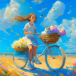 A girl is riding a bicycle on the beach. His cat is sitting in the front basket of the bicycle. Spring flowers can be seen everywhere. Beautiful blue sky with white clouds - kites in the sky. sense of peace. digital art, oil painting, 8k, full details, colorful, high resolution